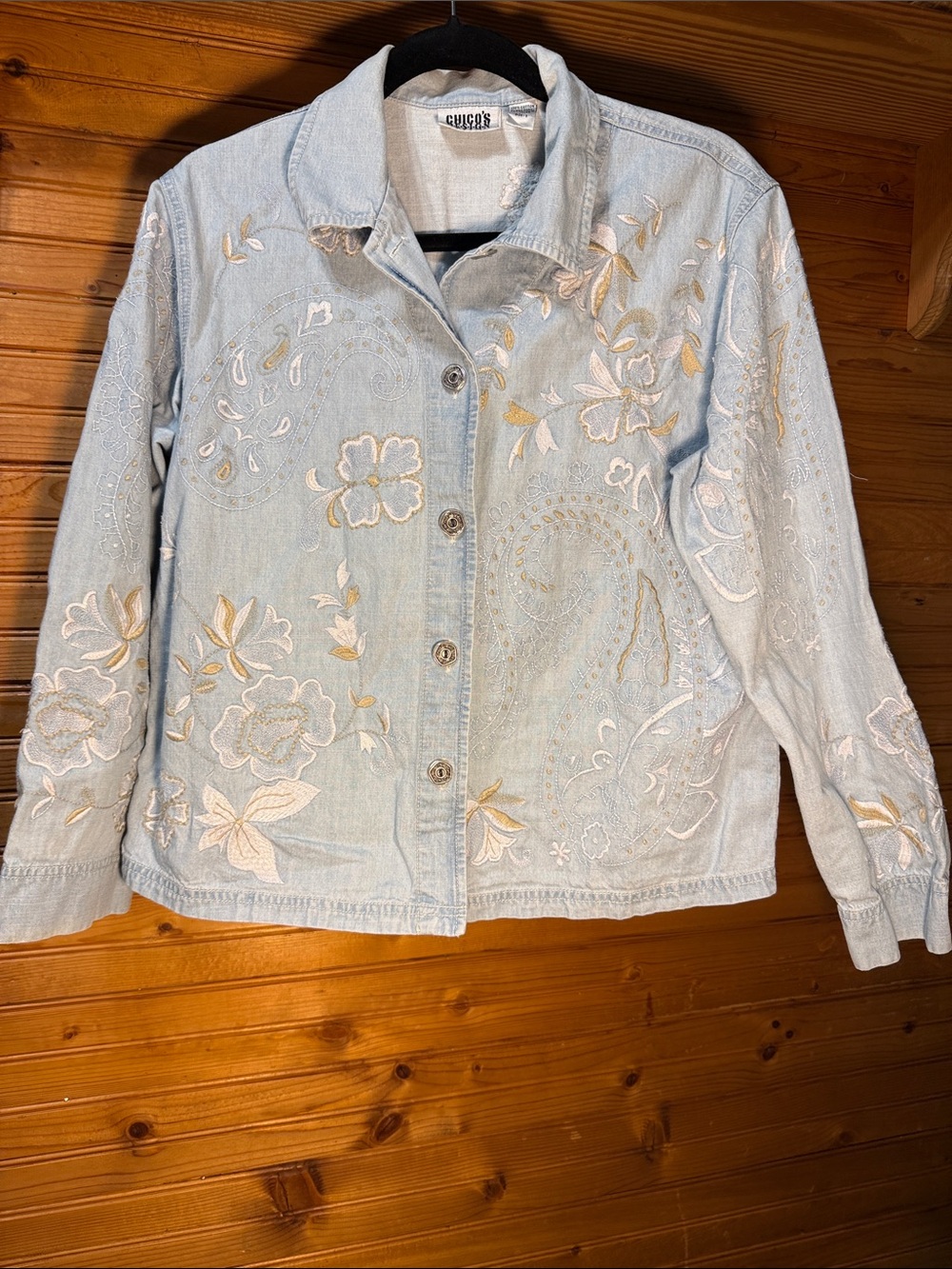 Chico's Light Blue Embroidered Denim shirt with Floral Accents